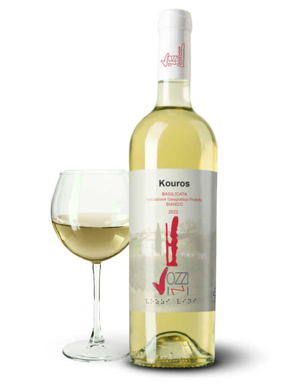 bottiglia e calice vozzi vini kouros bianco basilicata