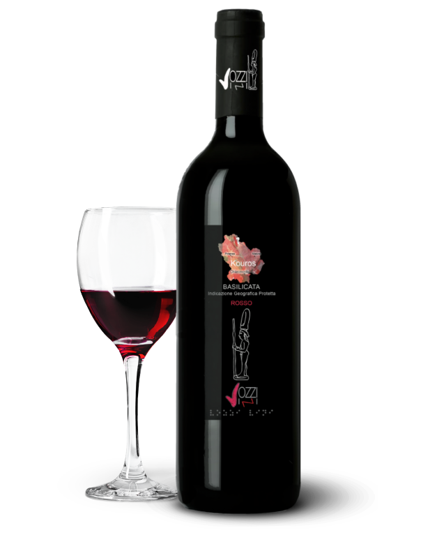 bottiglia e calice vozzi vini kouros rosso igp basilicata